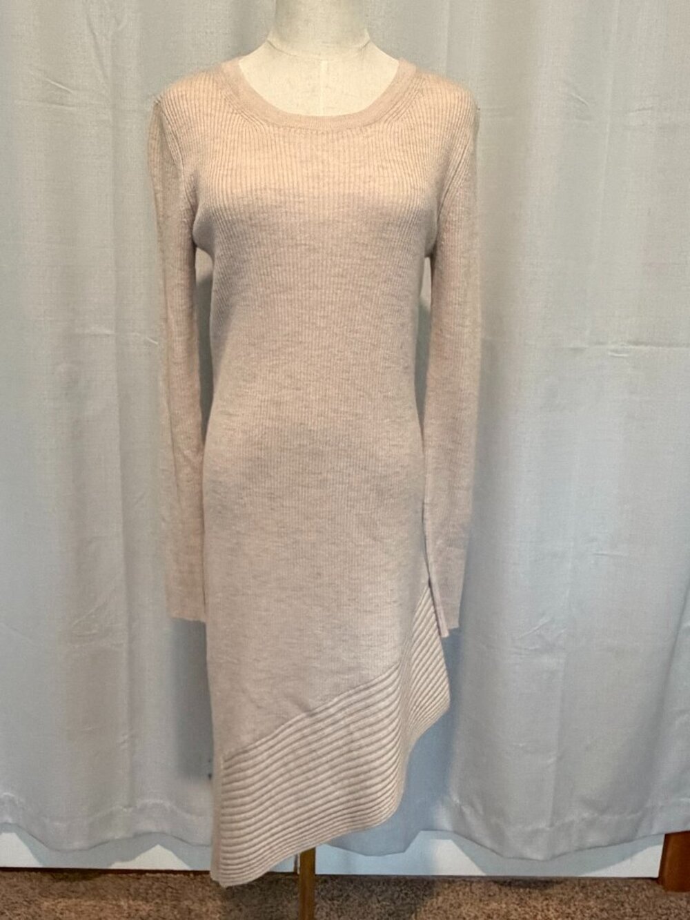 AllSaints Keld Ribbed Merino Wool Asymmetrical Sweater Dress Cream L - Picture 2 of 12